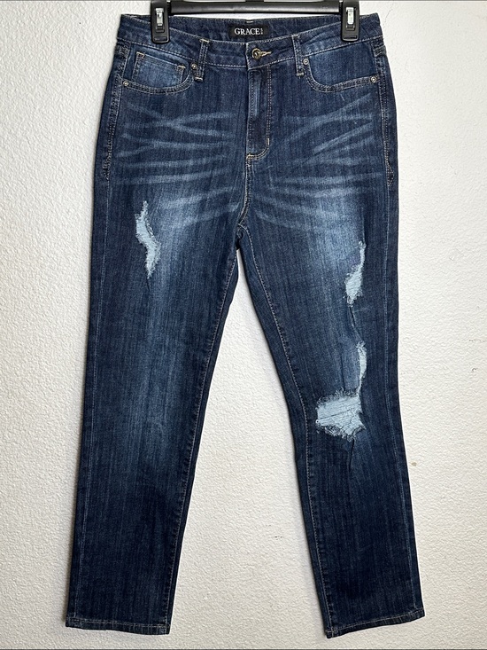 Grace in LA Denim - Grace in LA Distressed Denim Jeans Dark Blue Ripped Straight Leg Womens Size 28